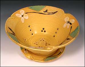 Yellow Colored Stoneware Berry Bowl With Hand Painted Flowers