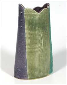 Purple & Green Stoneware Vase With Scalloped Rim